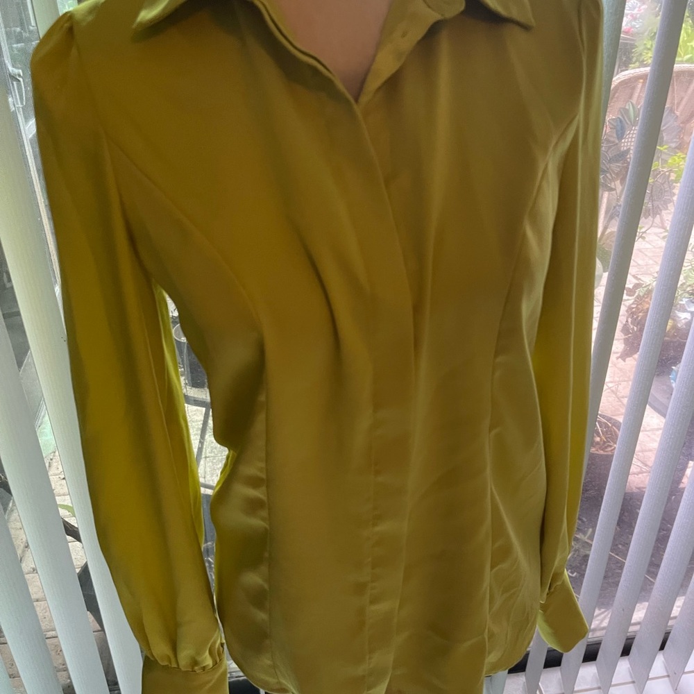 DKNY Olive Green Satin Button-Down Blouse